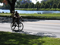 See folks enjoying the Banks of the Charles River without traffic on Sunday afternoons 